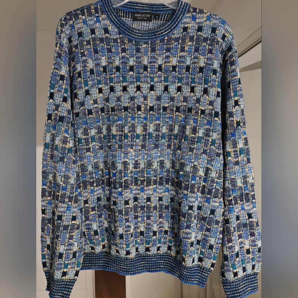 Vintage Riscatto Blue Plaid Knit Patterned Sweater Men's Size Medium